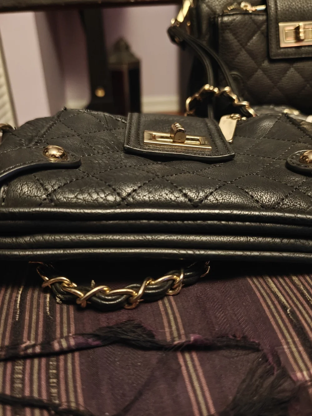 Charming Charlie Black Quilted & Pebbled Crossbody Duo with Gold Hardware